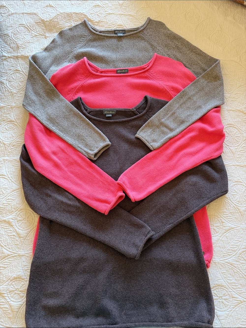 Eddie Bauer Sweater Bundle! Coral, Taupe & Brown Crewneck Sweaters